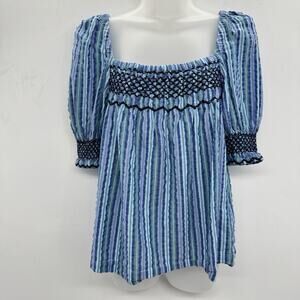 Faherty Presley Puff Sleeve Seersucker Top Sz S Blue Smocking Striped Beachy